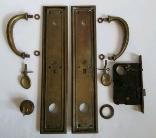 Antique Heavy Bronze RUSSWIN Copley Gothic Door Pull & Push Plate Set Lock Key 5