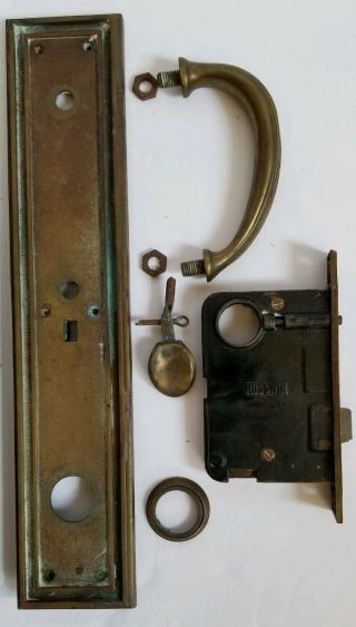 Antique Heavy Bronze RUSSWIN Copley Gothic Door Pull & Push Plate Set Lock Key 7