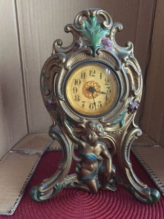 Antique 1906 Art Nouveau Cast Iron Clock Semi Nude Colors