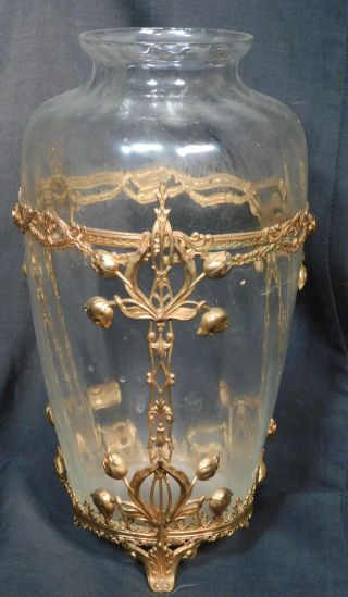 Antique Art Nouveau Gilt Brass Crystal Vase Austrian Style Jugendstil Glass