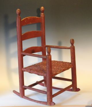 Antique Red Painted Folk Country Shaker Childs Rocking Chair Rocker Primitive 3
