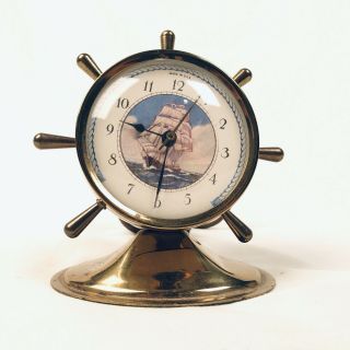 Vtg 1950s Brass Desk Clock Ship Captains Wheel Nautical Theme Made In Usa