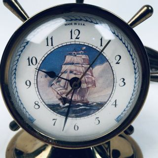 VTG 1950s Brass Desk Clock Ship Captains Wheel Nautical Theme Made In USA 8
