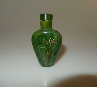 Chinese Spinach Jade Snuff Bottle Etched Flowers Antique