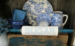 Antique German Wood Rolling Pin Blue Paint Antique Sugar Sack Sleeve