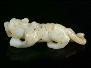 Antique Old Chinese Nephrite Celadon Jade Carved Statue Toggle Powerful Tiger