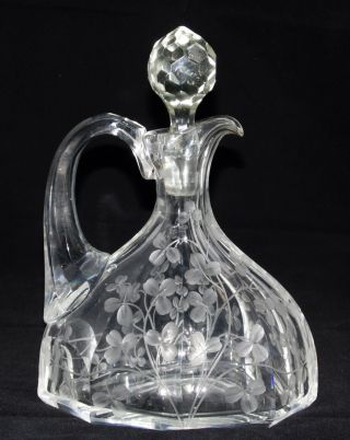 Antique Engraved Lead Crystal Pitcher Jug Stopper Grey Cut Clover Unknown Maker