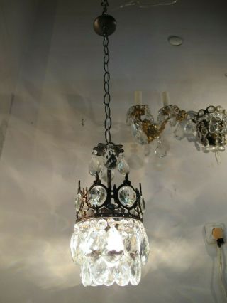 Antique Vintage French Basket Style Mini Crystal Chandelier Lamp 1940s 6 In Dmtr