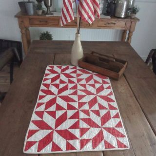 Antique C1880 Red & White Pierced Star Table Runner Or Doll Quilt 24x16 "