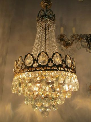 Antique Vnt French Big Basket Crystal Chandelier Lamp Lustre 1940 