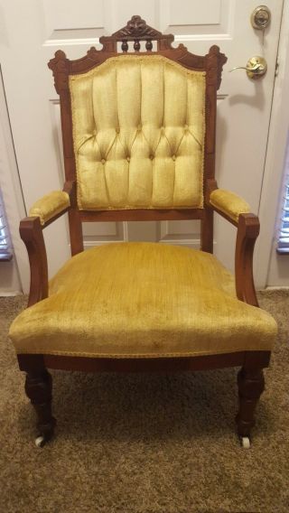 1880s - 1900 Victorian Eastlake Tufted Gold Velvet & Mahogany/walnut Parlor Chair