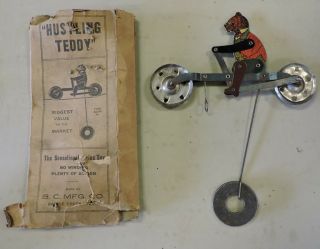 Antique String Toy,  Hustling Teddy,  B.  C.  Mfg.  Co.  W/ Box,  Roosevelt,  (vce)