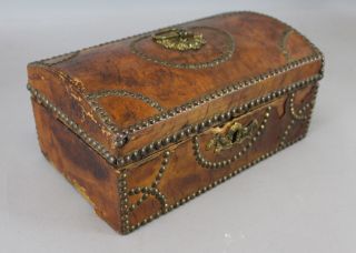 Small Antique Early 19thc Leather & Wood,  Dome Top,  Chest Trunk Box Brass Tacks