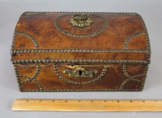 Small Antique Early 19thC Leather & Wood,  Dome Top,  Chest Trunk Box Brass Tacks 2