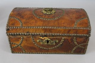 Small Antique Early 19thC Leather & Wood,  Dome Top,  Chest Trunk Box Brass Tacks 3