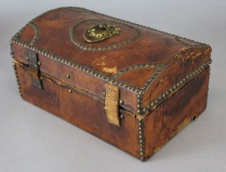 Small Antique Early 19thC Leather & Wood,  Dome Top,  Chest Trunk Box Brass Tacks 5