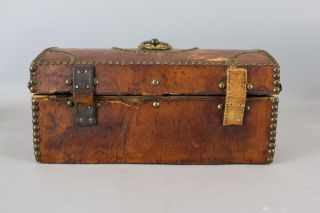 Small Antique Early 19thC Leather & Wood,  Dome Top,  Chest Trunk Box Brass Tacks 6