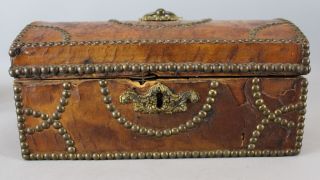 Small Antique Early 19thC Leather & Wood,  Dome Top,  Chest Trunk Box Brass Tacks 7