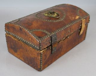 Small Antique Early 19thC Leather & Wood,  Dome Top,  Chest Trunk Box Brass Tacks 8
