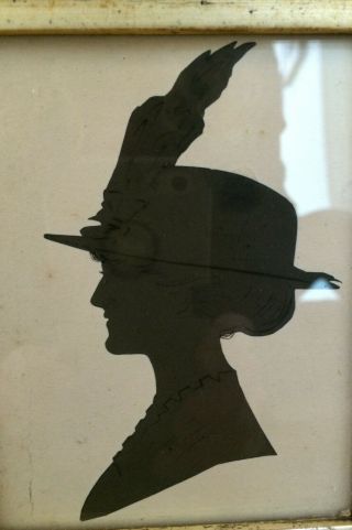 AAFA Antique Silhouette Paper Cut Portrait of Woman in Feathered Hat 2