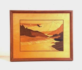 Vintage Framed Inlaid Wood Picture Of The Hudson Valley Landscape 13 " X 16 "