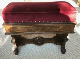 Antique Burl Walnut Upholstered Throne Chair Footstool