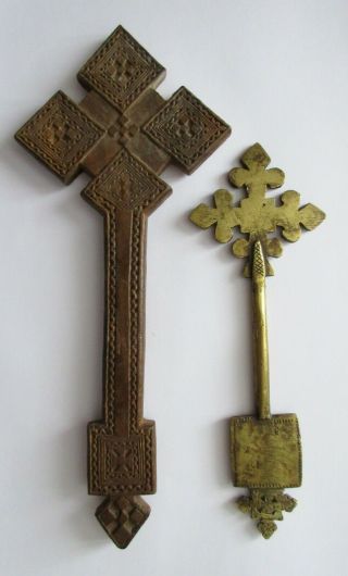 Two Good Antique Ethiopian / African Brass And Wood Coptic Crosses