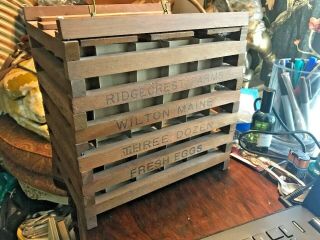 Antique Vintage WOODEN EGG CARRIER Crate RIDGECREST FARMS WILTON MAINE 3 Dozen 6
