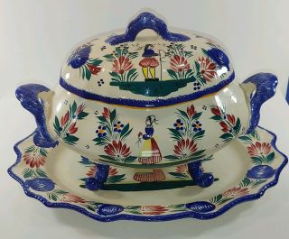 Hb Quimper France Pottery (2 Piece) Tureen,  With Plate Covered Soup Tureen