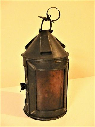 Antique Round Candle Lantern Tin 3 Isenglass Windows In