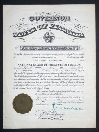 1947 Florida National Guard Commission - Signed By Gov.  Millard F.  Caldwell
