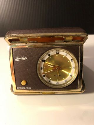 Vintage Linden Travel Alarm Clock Lighted Dial Made In Japan Gold Plated Wind Up