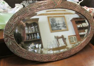 Large Oval Antique Art Nouveau Copper Frame Bevel Edge Mirror 5.  5 Kilos