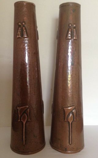 Arts & Crafts tall Pair Copper J F Poole Hayle Vases circa 1890 ' s 2
