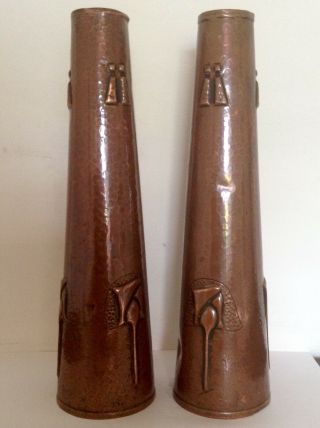 Arts & Crafts tall Pair Copper J F Poole Hayle Vases circa 1890 ' s 5