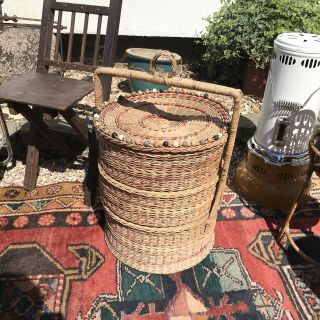 Vintage Chinese Wedding Basket 3 Tier Woven Bamboo Stacking Wicker Sewing Basket