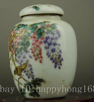 Chinese old famille rose porcelain Hand painted bird and flower Cover pot b01 2