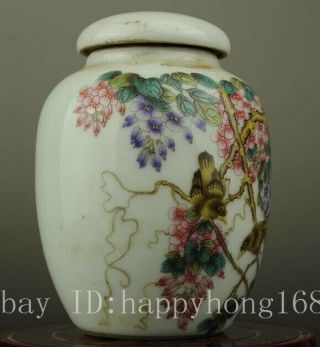 Chinese old famille rose porcelain Hand painted bird and flower Cover pot b01 3