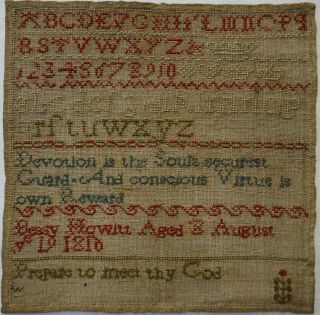Small Early 19th Century Verse & Alphabet Sampler By Bessy Howitt Aged 8 - 1816