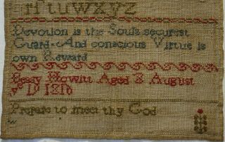 SMALL EARLY 19TH CENTURY VERSE & ALPHABET SAMPLER BY BESSY HOWITT AGED 8 - 1816 3
