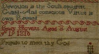 SMALL EARLY 19TH CENTURY VERSE & ALPHABET SAMPLER BY BESSY HOWITT AGED 8 - 1816 8