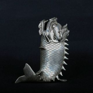 Chinese Old Copper Plating Silver Hand - Carved Fish Shape Incense Burner F01