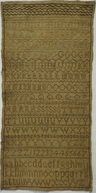 Early/mid 19th Century Brown Stitch Work Alphabet Sampler - C.  1840