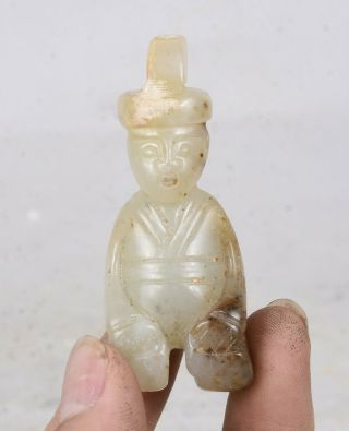 2.  4 " Good China " Hong Shan " Culture Old Jade Hand Carved Kneel People Man Statue
