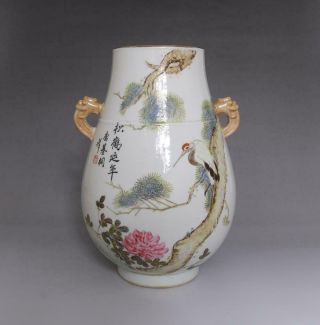 Rare Antique Chinese Porcelain Pine And Crane Famille - Rose Vase Tang Jitong Mark