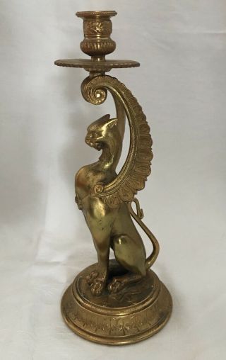 Art Deco Egyptian Revival Winged Sphinx Candlestick Gilded Gold Gilt Metal