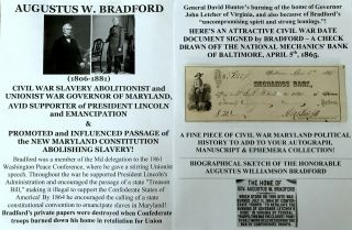 Civil War Slavery Abolitionist Lincoln War Governor Maryland Document Signed 