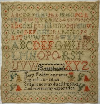 Mid 19th Century Alphabet,  Verse & Motif Sampler By Mary Folder - C.  1845