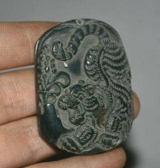 2 " Old Chinese Natural Green Jade Carved Zodiac Animal Tiger Pendant Amulet