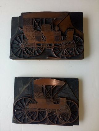 Vintage Copper Printing Plate Wooden Block Horse Drawn Buggy.